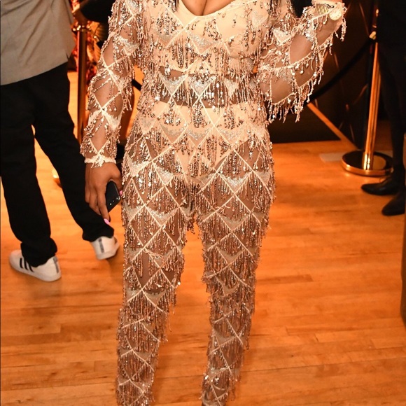 Rose Gold Tassel Sequin Plunge Jumpsuit - Picture 7 of 7